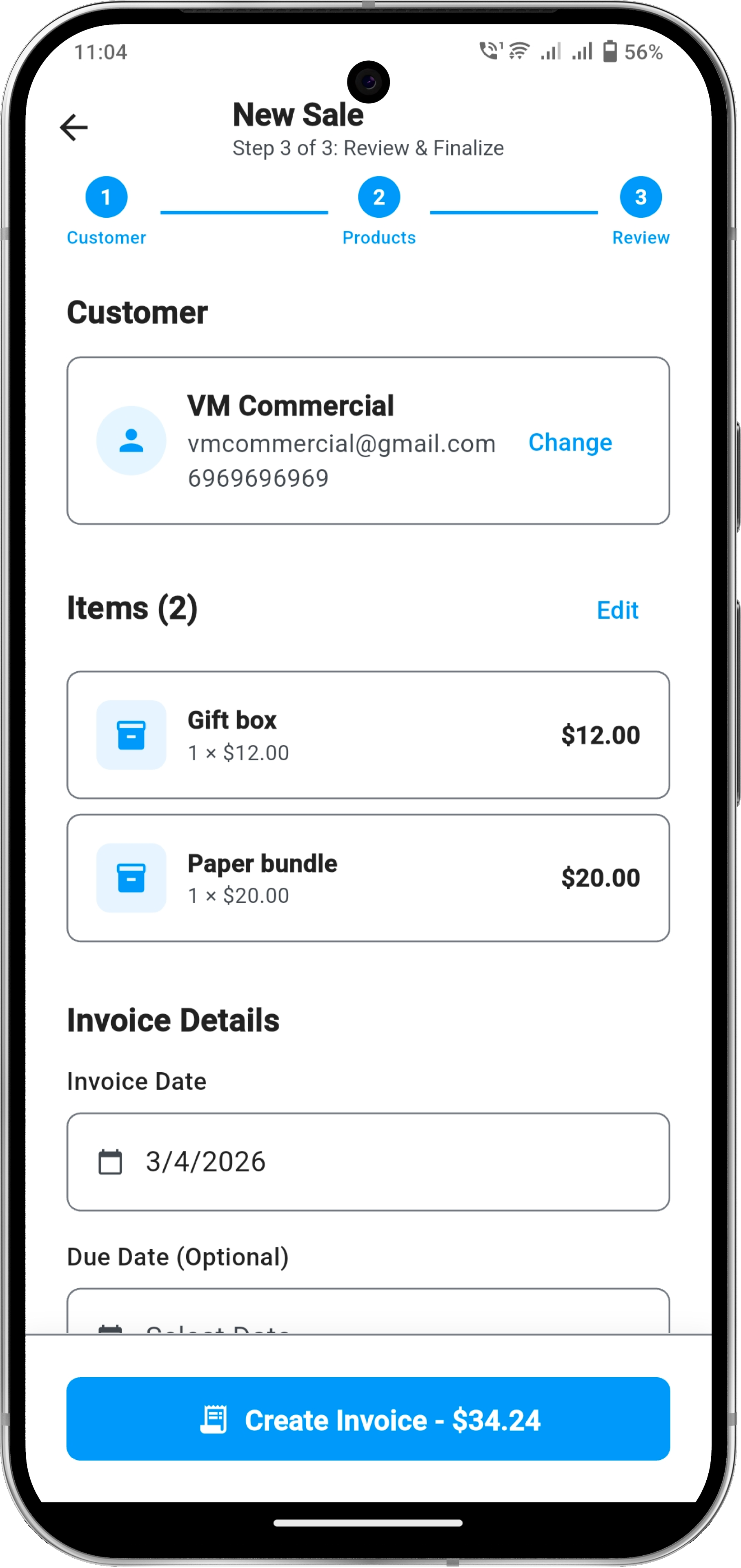 Create invoice screen