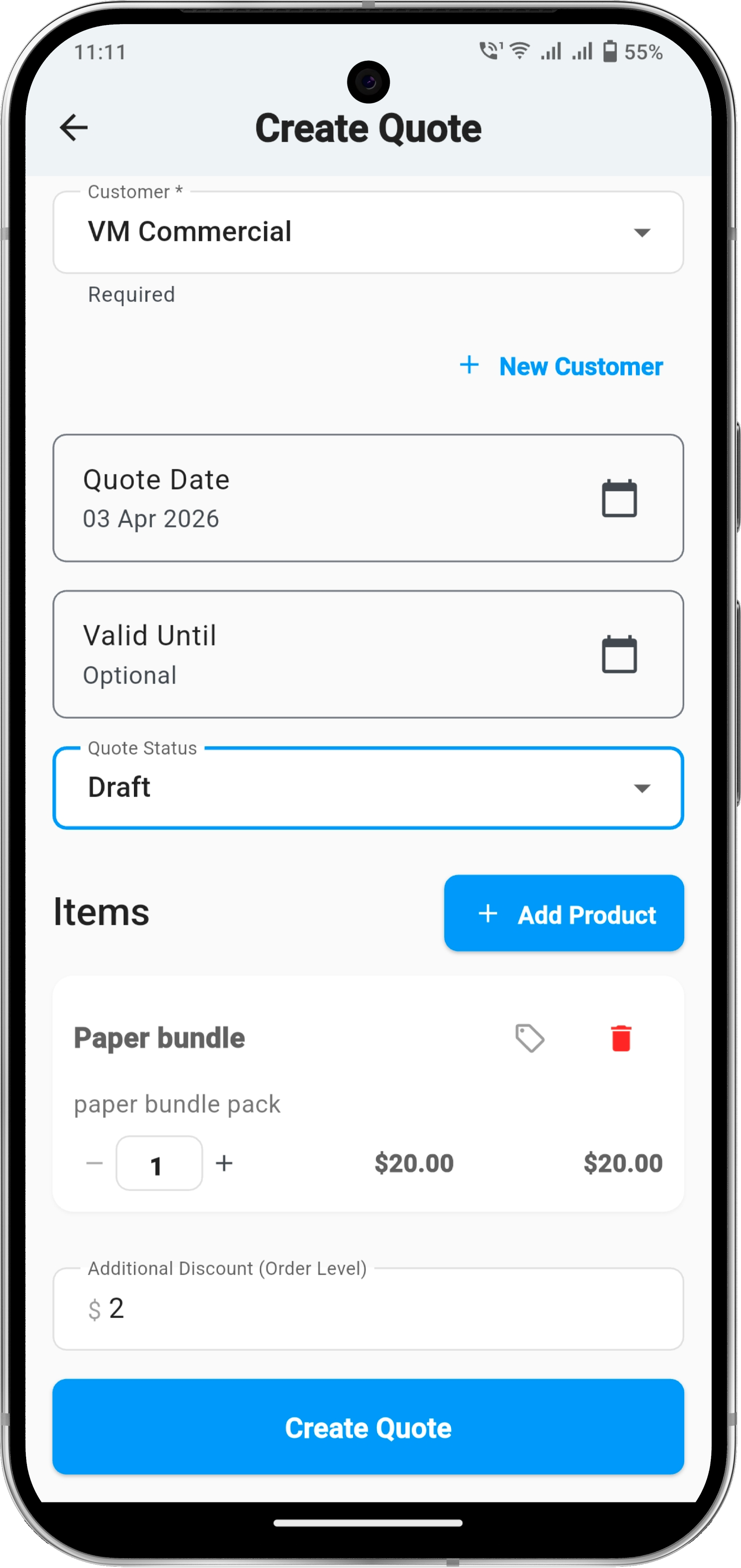 Create quote screen